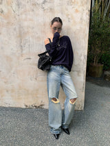 Navy unbalanced off-shoulder beads loose fit sweatshirt