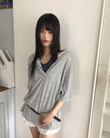 Karine linen oversized-fit henry neck off-shoulder short-sleeved T-shirt