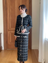 [Two-piece set] Rosy color matching knit cardigan banding skirt set