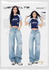 Vintage Frayed Distressed ワイドデニムパンツ