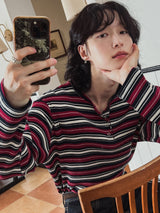 ウーバーストライプヘンリーネック長袖Tシャツ