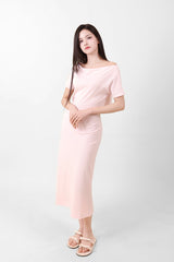 Off-Shoulder Slit Long Onepiece Pink