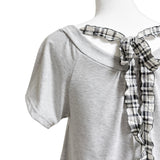 (2color) Check Back Ribbon Off-Shoulder Short Sleeve Tee
