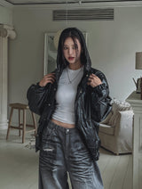 Binsi Pocket Overfit Hood Leather Jumper