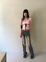ルアーバレエコアリボンカラーハートネック長袖Tシャツ