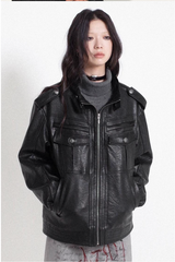 A versatile stand-collar, regular-shoulder leather jacket