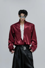 Lace V-Neck Layered Satin Blouse
