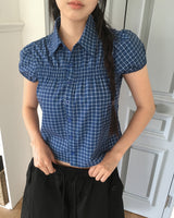 チェック柄シャーリングバンディングパフ半袖ブラウス