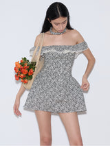 rirri 2025 Spring-Summer New Arrival Textured 100% Cotton Floral Dress - Adjustable Off-Shoulder Neckline & Waist Tie Detail