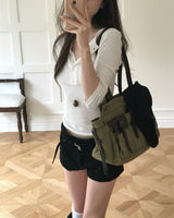 vintage olive cotton & leather L bag