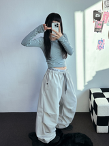 フリース❤サイドシャーリングストライプクロッピードロングスリーブTシャツ 🧸🤎🩶🩵3カラー