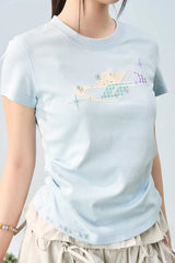 フローラルパッチプリーツスリムTシャツ