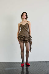 LEOPARD FRILL SLEEVELESS TOP / BROWN