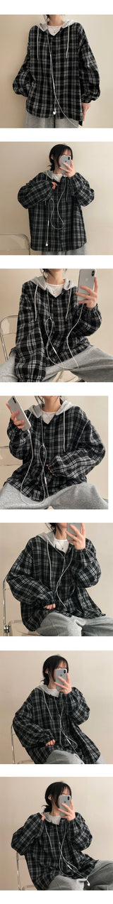 ロンティレイヤードフード付きチェックシャツ
