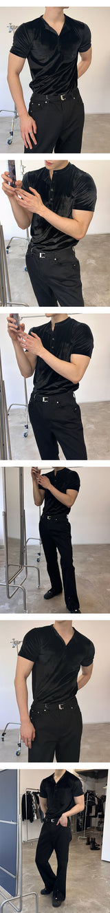 [MUSCLE FIT] Velvet golgi henry neck half t-shirts