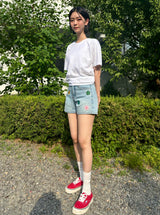 フラワーエンブロイダリーライトブルーデニムショーツ code 18201