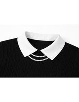 Elodie Pearl Collar Cable Short Sleeve Knit Top Black