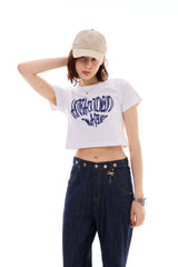 ハートスローガンクロップTシャツ / ブルー