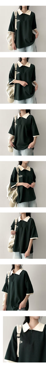 Light Half Zip-Up Coloring Collar Short Sleeve T-shirt