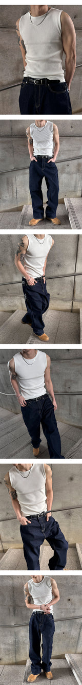 [Unisex] ハンドリングステッチワイドデニムパンツ(3color)