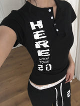 Rahi 05 Here Printing Henley Neck Button Short Sleeve T-shirt