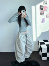 INSIDE FLEECE❤NYLON PARACHUTE POCKET PALE COLOR LONG PANTS💜🖤🩶3COLOR