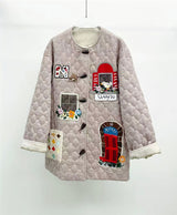 Kitsch look Embroidered Patch Quilted Duffle Coat
