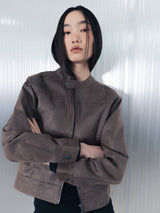 Crack Leather Biker Jacket_Beige