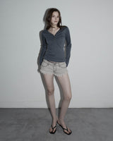 Shirring Henley Neck Long Sleeve Stripe Charcoal