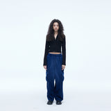 Washing Corduroy Cargo Banding Denim Pants Blue