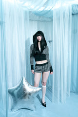 Stripe cropped hooded zip-up shot pants set-up two-piece