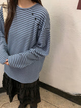 ビーダイアゴナルヘンリーネックボーダー長袖Tシャツ