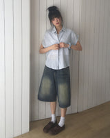 Taut Washed Wide Denim Bermuda Pants