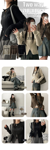 Leaf Damage Ribbed Two Way Knit Zip-Up