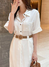 Moan Linen Pocket H-Line Shirt One Piece (Belt Set)