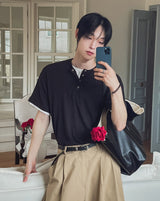 ハーネル レイヤード リブド ヘンリー ネック ショート スリーブ Tシャツ