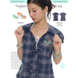 BETWEENANDxOliwa Summer Yamen Sparkle Diamond Collaboration Strapped Purple Plaid Short-Sleeve Shirt for Women