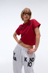 EEERRR Heart lace artwork semi-crop T-shirt (Red)