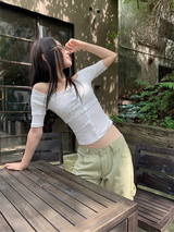 Floral two-piece off-shoulder button short-sleeved T-shirt