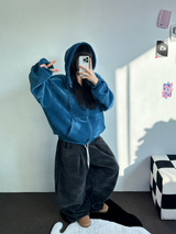 RIBBON PATTERN VELVET HOOD ZIP-UP💚💙🖤 - 3 COLORS
