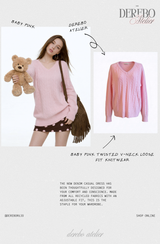 Baby Pink Twisted V-neck Loose Fit Knitwear