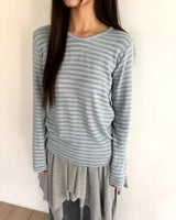 ユエンUネックストライプ長袖Tシャツ