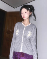 (2color) Rose Appliqué Lace Wool Cardigan