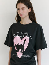 ハートキャットフレンズルーズフィットTシャツ チャコール