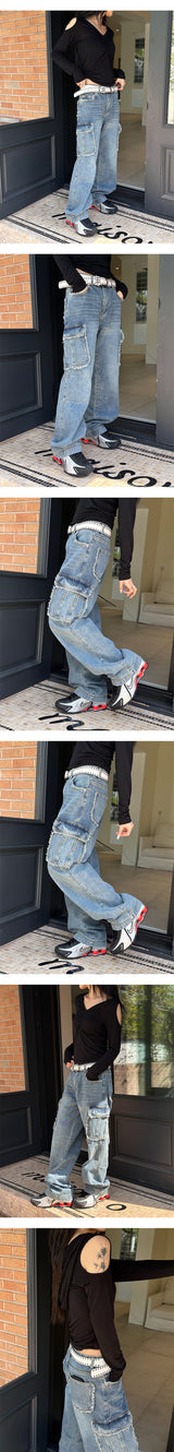 [Unisex] Fringe cargo denim pants(3color)