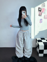 INSIDE FLEECE❤NYLON PARACHUTE POCKET PALE COLOR LONG PANTS💜🖤🩶3COLOR