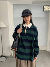 キヤン襟付きボーダーオーバー長袖Tシャツ