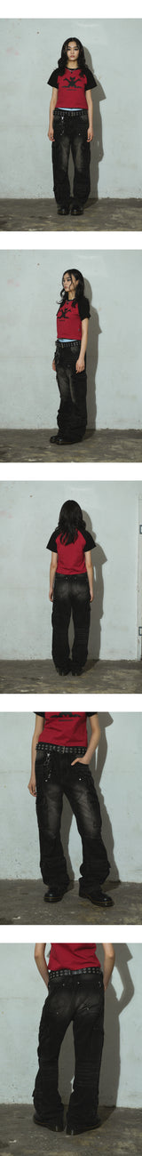 Semi Flare Washed Denim Pants_Black