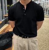 スラブリネン ヘンリーネック 半袖ニット