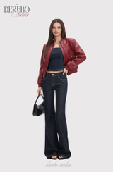 burgundy cropped wide leather jacket